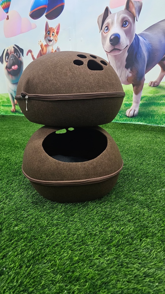 Casita Para Gatos Color Marron Con Forma De Huevo Y Motivo De Huella