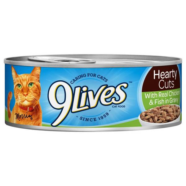 9lives Comida Enlatada Para Gatos Hearty Cuts Real Chicken & Fish In Gravy 156g (Lata Azul/Verde)