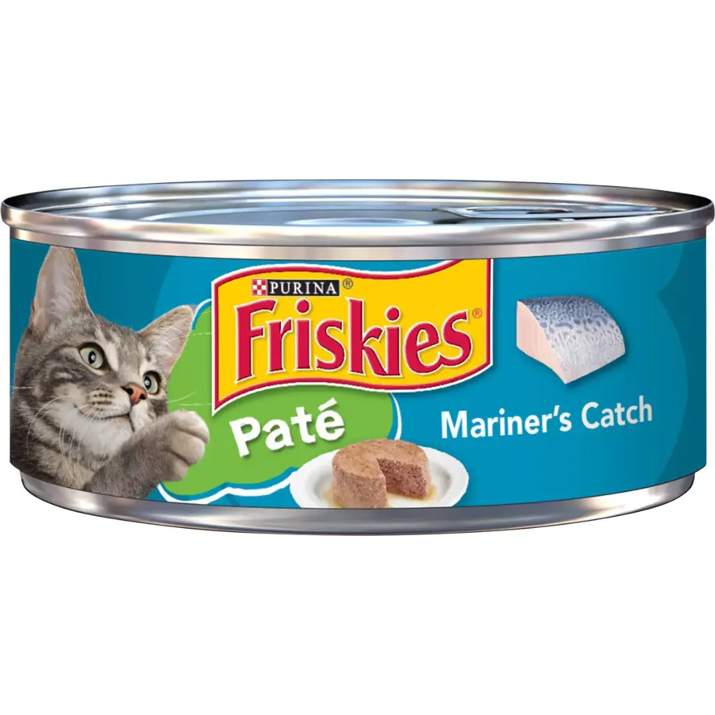 Comida Enlatada Para Gatos Friskie Mariner's Catch Pate 156g (Lata Azul Oscuro/Verde)