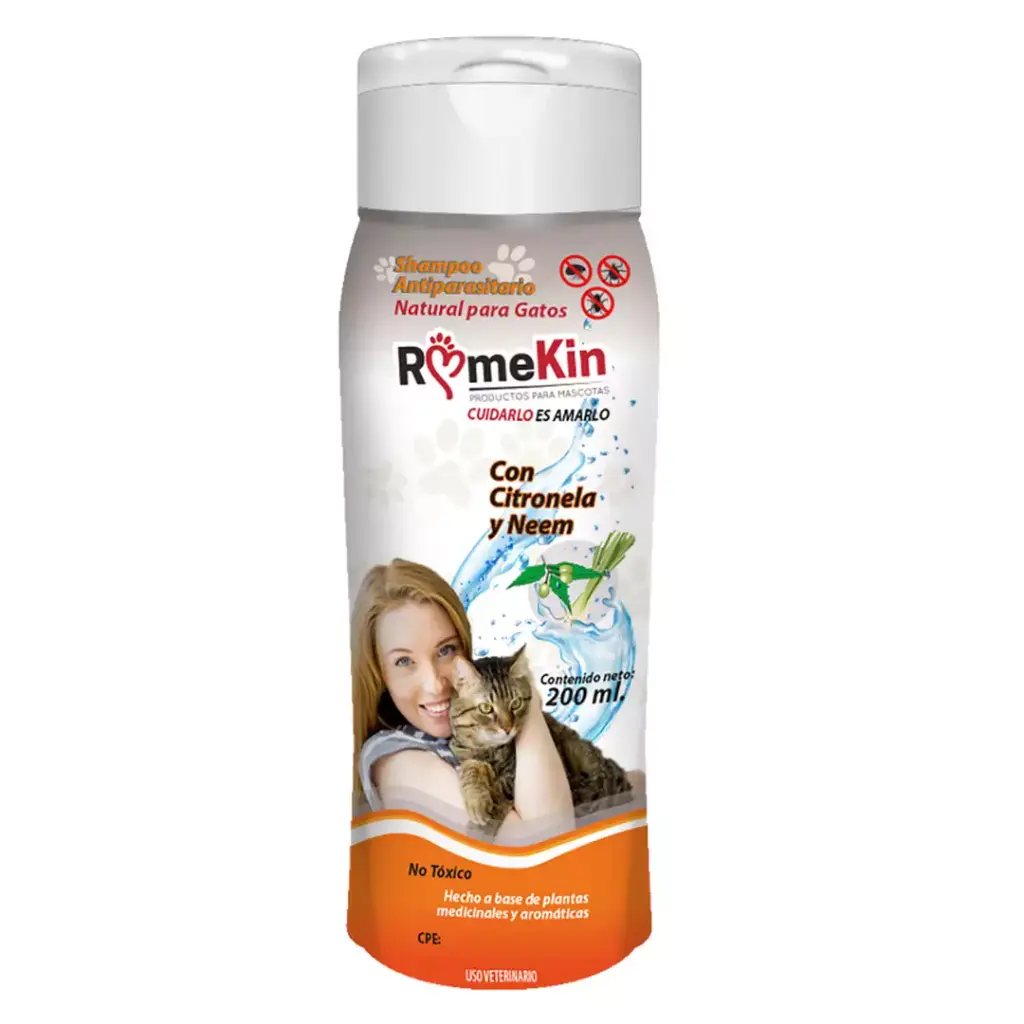 Shampoo Antiparasitario Natural Gatos Con Citronela Y Neem 200ml Romekin