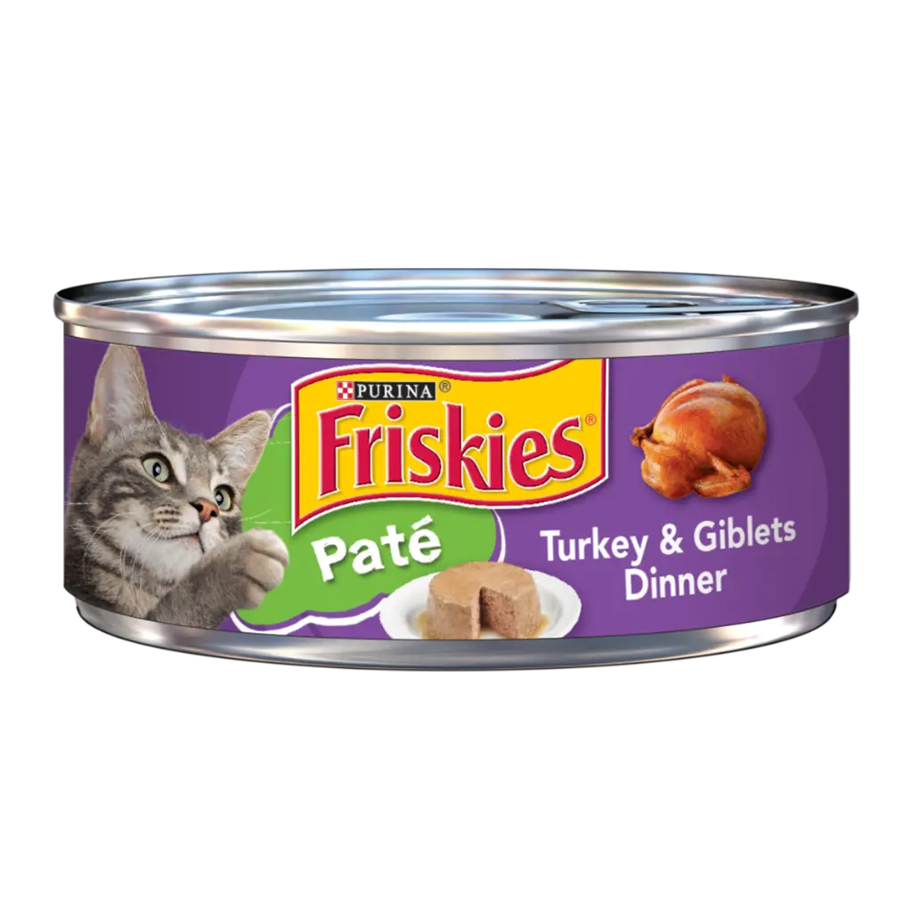Comida Enlatada Para Gatos Friskies Pate With turkey y Giblets Dinner 156g (Lata Morada-Verde) 