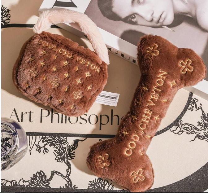 SET DE 2 PIEZAS DE PELUCHE INTERACTIVA PARA MASCOTAS CON SONIDO EN FORMA DE HUESO Y BOLSO