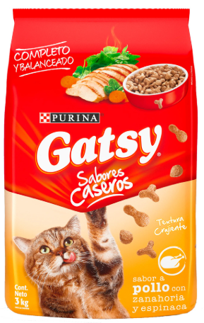 ALIMENTO PARA GATOS ADULTOS SABOR A POLLO CON ZANAHORIA Y ESPINACA GATSY PURINA 3 KG  