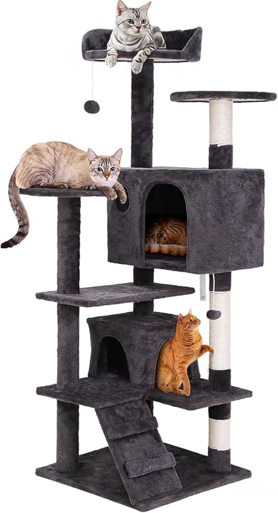 CONCETTA TORRE ARBOL 3 NIVELES PARA GATOS DE 54" CON RAMPA Y POSTE, COLOR GRIS OSCURO