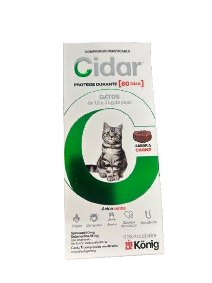 PASTILLA CIDAR GATOS DE 1.5 A 3 KG (DURACION 60 DIAS) PULGAS -GARRAPATAS -PARASITOS INTERNOS
