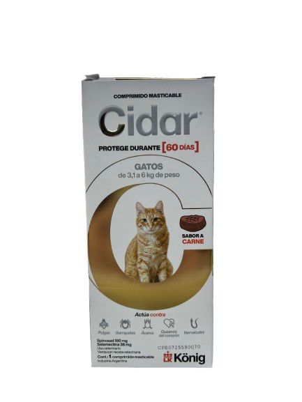 PASTILLA CIDAR GATOS DE 3 A 6 KG (DURACION 60 DIAS) PULGAS -GARRAPATAS -PARASITOS INTERNOS