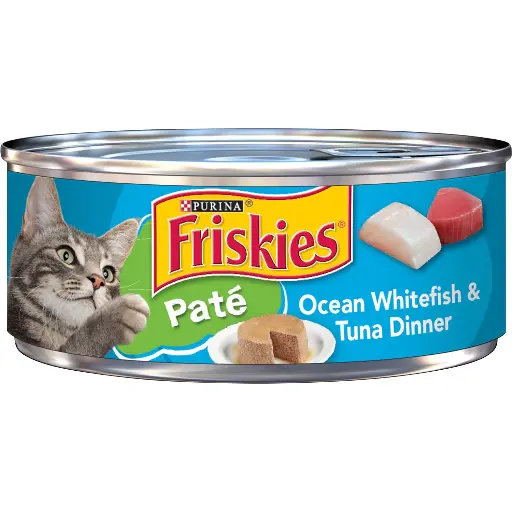 [1184] Comida Enlatada Para Gatos Friskie With Ocean Whitefish y Tuna Pate 156g (Lata Azul-Verde)
