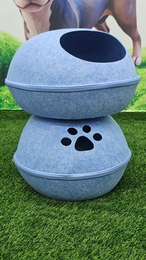 [342] Casita Para Gatos Color Azulcon Forma De Huevo Y Motivo De Huella