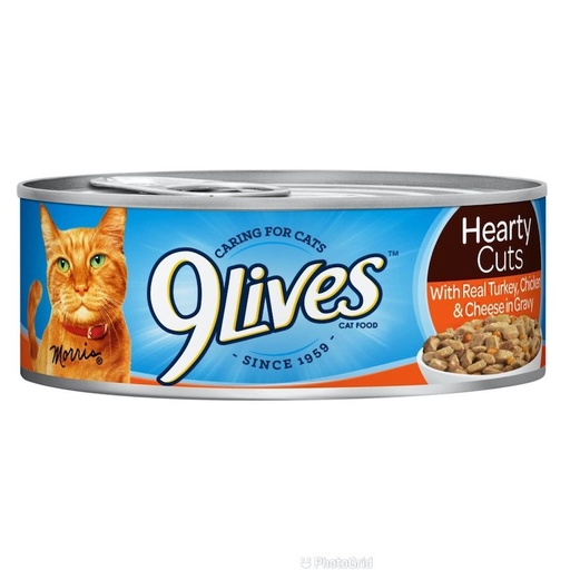 [413] 9lives Comida Enlatada Para Gatos Hearty Cuts Real Turkey, Chicken & Cheese In Gravy 156g (Lata Roja Claro)