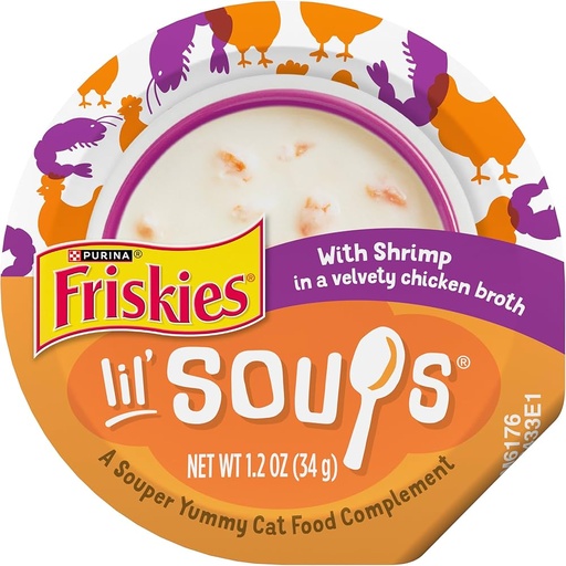 [956] Purina Friskies Lil Soups Golosinas Para Gatos Tazas De 1.2 Oz Paquete De 8 Sabor A Camaron