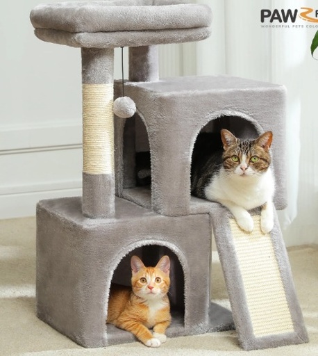 [1766] PAWZ TORRE ARBOL PARA GATOS DE 30" CON RAMPA Y POSTE, COLOR GRIS