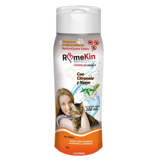 [90730] Shampoo Antiparasitario Natural Gatos Con Citronela Y Neem 200ml Romekin