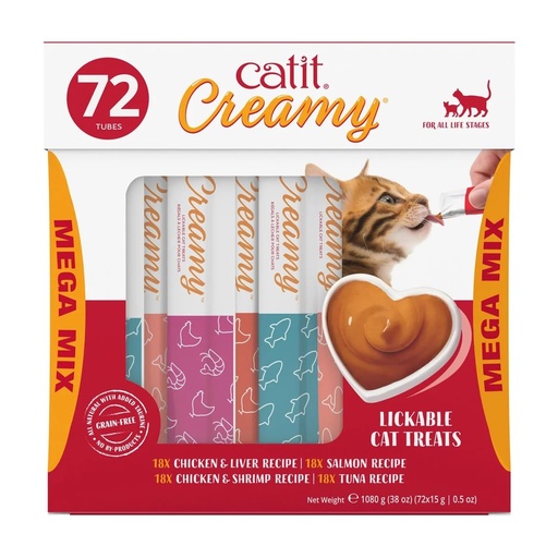 [1293] Catit Creamy Lickable Treats Mega Mix, Golosinas Para Gatos Variada, 72 Count