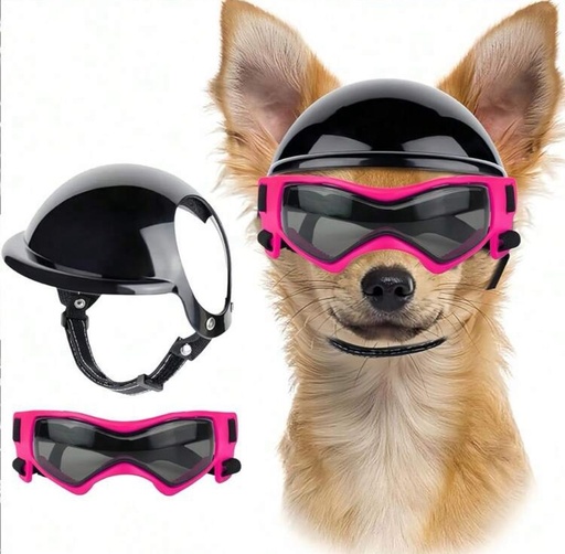[1679] CONJUNTO DE CASCO Y GAFAS DE PROTECCION UV PARA MASCOTAS TALLA M COLOR ROSA