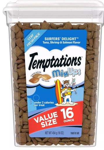 [1883] TEMPTATIONS MIX UPS SURFERS DELIGHT CAT TREATS WITH SHRIMP TUNA AND SALMON 454G