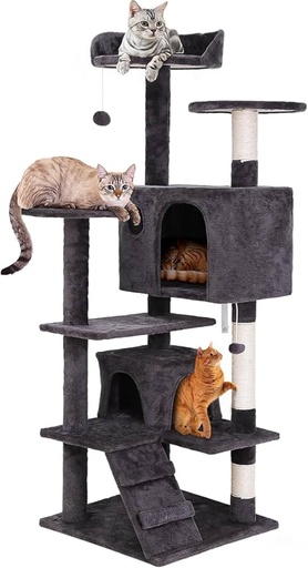 [1767] CONCETTA TORRE ARBOL 3 NIVELES PARA GATOS DE 54" CON RAMPA Y POSTE, COLOR GRIS OSCURO