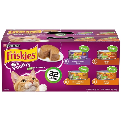 [1770] PURINA FRISKIES PATE SABOR HIGADO Y PAVO ALIMENTO HUMEDO PARA GATOS VARIETY PACK DE 32 UNDS