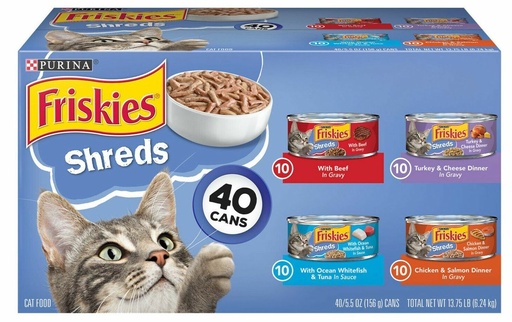 [1774] PURINA FRISKIES SHREDS EN SALSA CON SABOR A POLLO,RES,SALMON,PAVO,PESCADO Y MARISCOS, PAQUETE VARIADO 40 UNDS